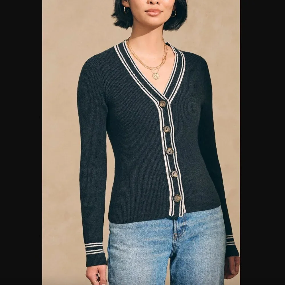 Faherty Mikki Cardigan Sweater, Black Cinder Sideline Stripe, Size Medium - Picture 1 of 13